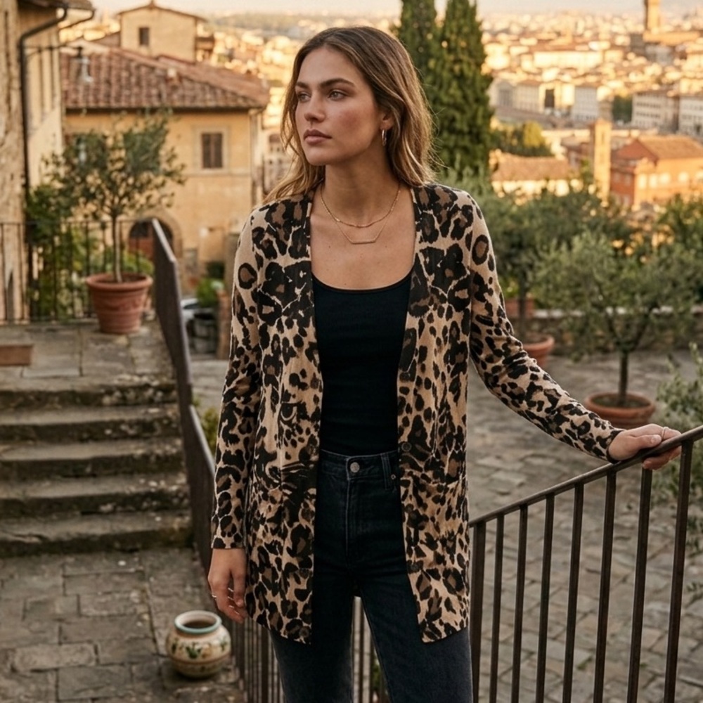 Diane Von Furstenberg Sz S Leopard Print Cotton Silk Long Cardigan Sweater